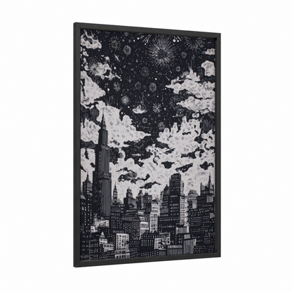 Midnight Cityscape framed new years eve print — black wood frame — black and white palette