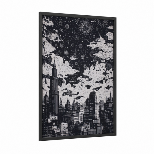 Midnight Cityscape framed new years eve print — black wood frame — black and white palette