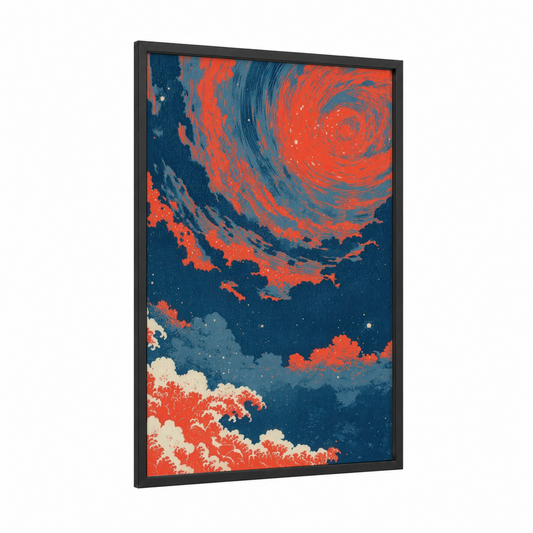 Crimson Supernova framed art print — black wood frame — red and dark blue palette