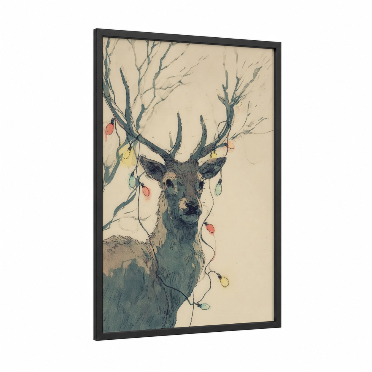 Festive Reindeer framed art print — black wood frame — cream and dove gray palette