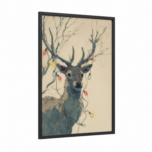 Festive Reindeer framed art print — black wood frame — cream and dove gray palette