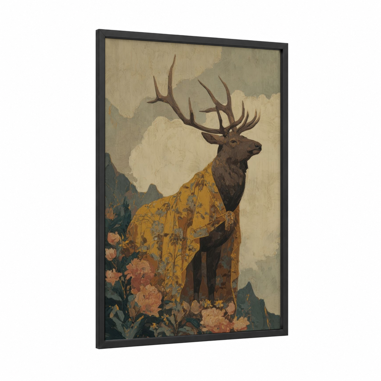 Golden Elk Portrait framed art print — black wood frame — gold and brown palette