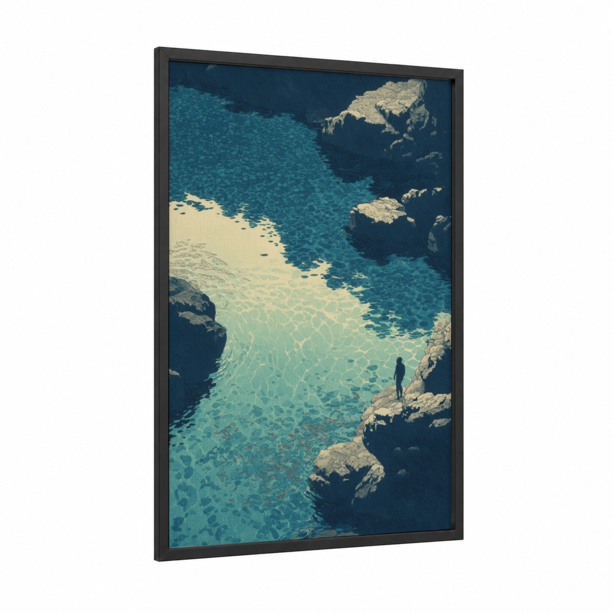 Turquoise Cove framed snorkeling print — black wood frame — turquoise and cream palette
