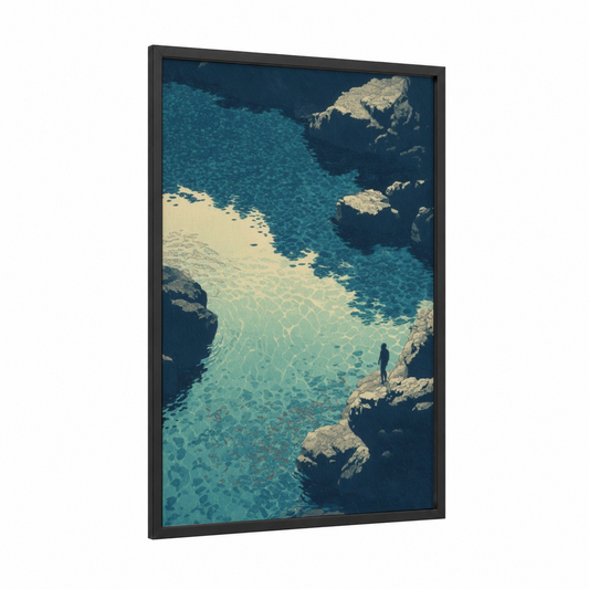 Turquoise Cove framed snorkeling print — black wood frame — turquoise and cream palette