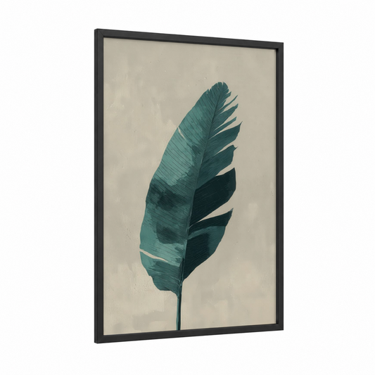 Teal Tropical Leaf framed tropical trees print — black wood frame — teal and beige palette