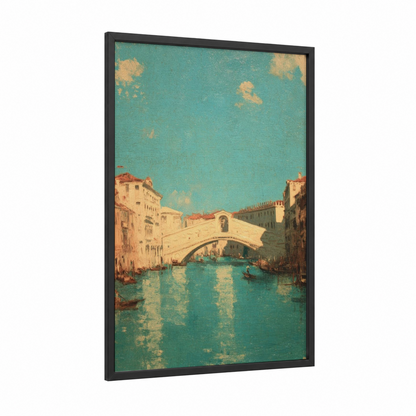 Rialto Bridge Venice framed bridges print — black wood frame — teal and gold palette