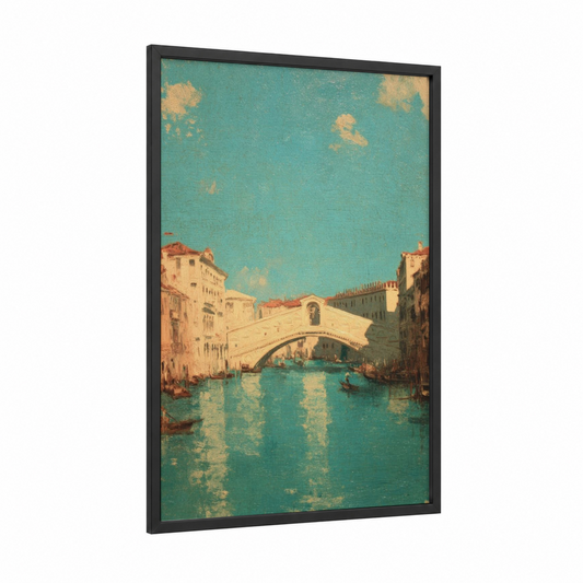 Rialto Bridge Venice framed bridges print — black wood frame — teal and gold palette