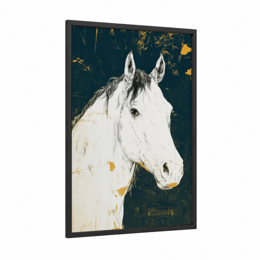 Golden Quarter Horse framed art print — black wood frame — dark blue and gold palette