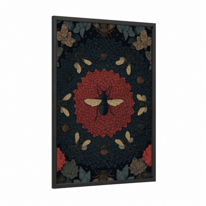 Crimson Ant Bloom framed art print — black wood frame — dark green and red palette