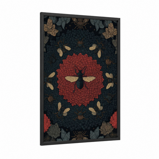 Crimson Ant Bloom framed art print — black wood frame — dark green and red palette