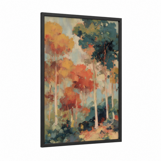 Autumn Eucalyptus Forest framed art print — black wood frame — gold and teal palette