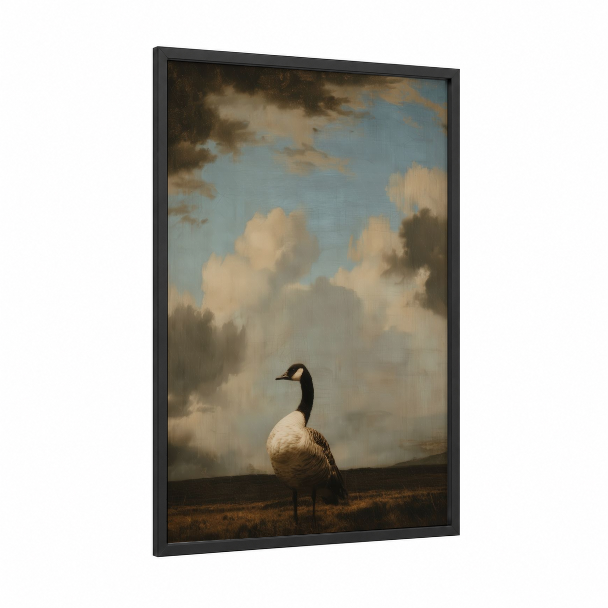 Solitary Goose framed geese print — black wood frame — blue and gold and cream palette