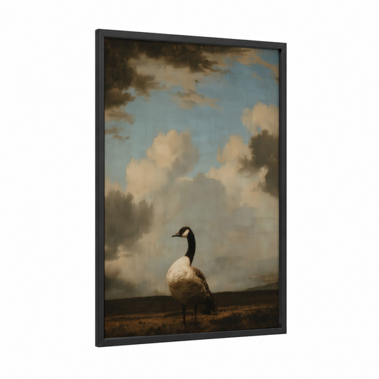 Solitary Goose framed geese print — black wood frame — blue and gold and cream palette