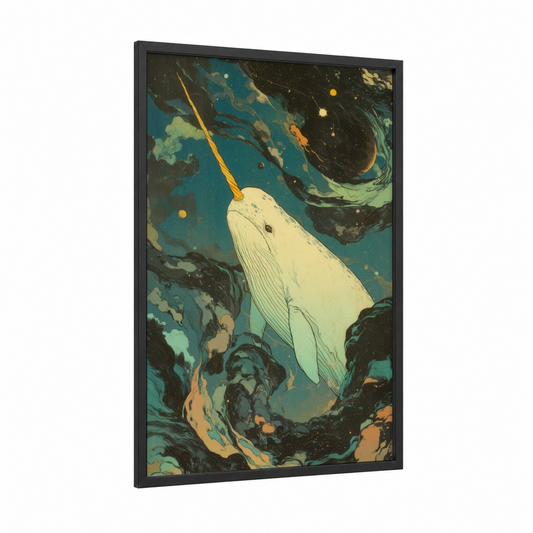 Cosmic Narwhal framed art print — black wood frame — teal and gold palette