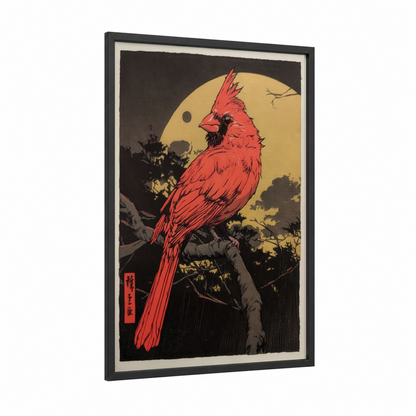 Crimson Cardinal Moon framed art print — black wood frame — red and black palette