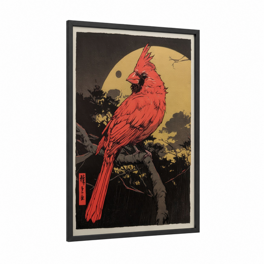 Crimson Cardinal Moon framed art print — black wood frame — red and black palette