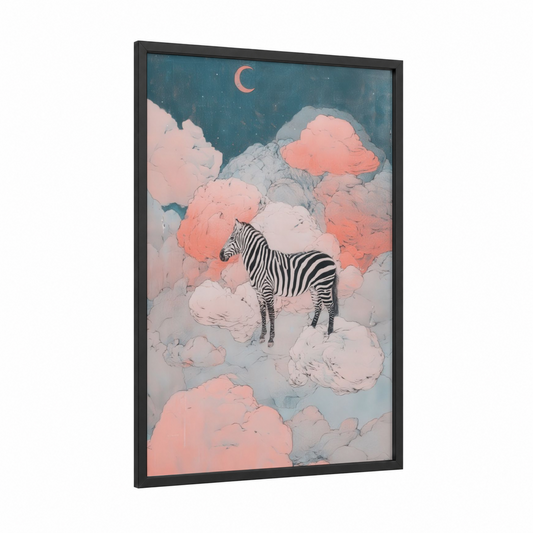 Dreamy Zebra framed art print — black wood frame — blue and peach palette