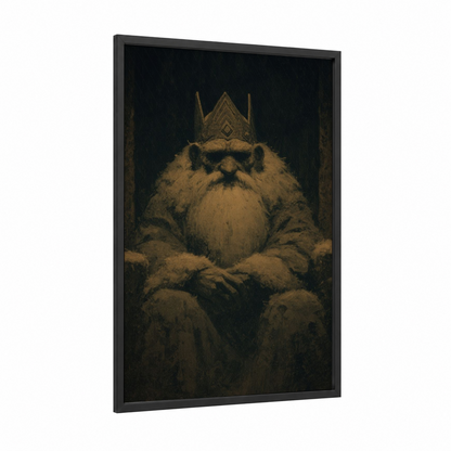 Crowned Dwarf King framed dwarves print — black wood frame — gold and black palette