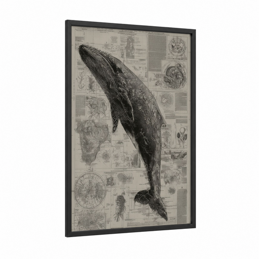 Anatomical Sperm Whale framed art print — black wood frame — black and white palette