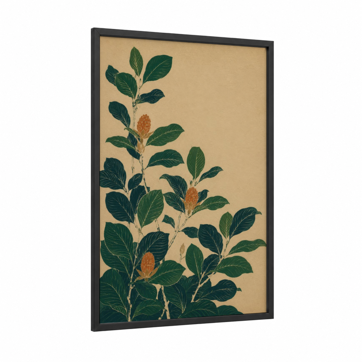Japanese Botanical Illustration Wall Art framed leaf print — black wood frame — beige and true green palette