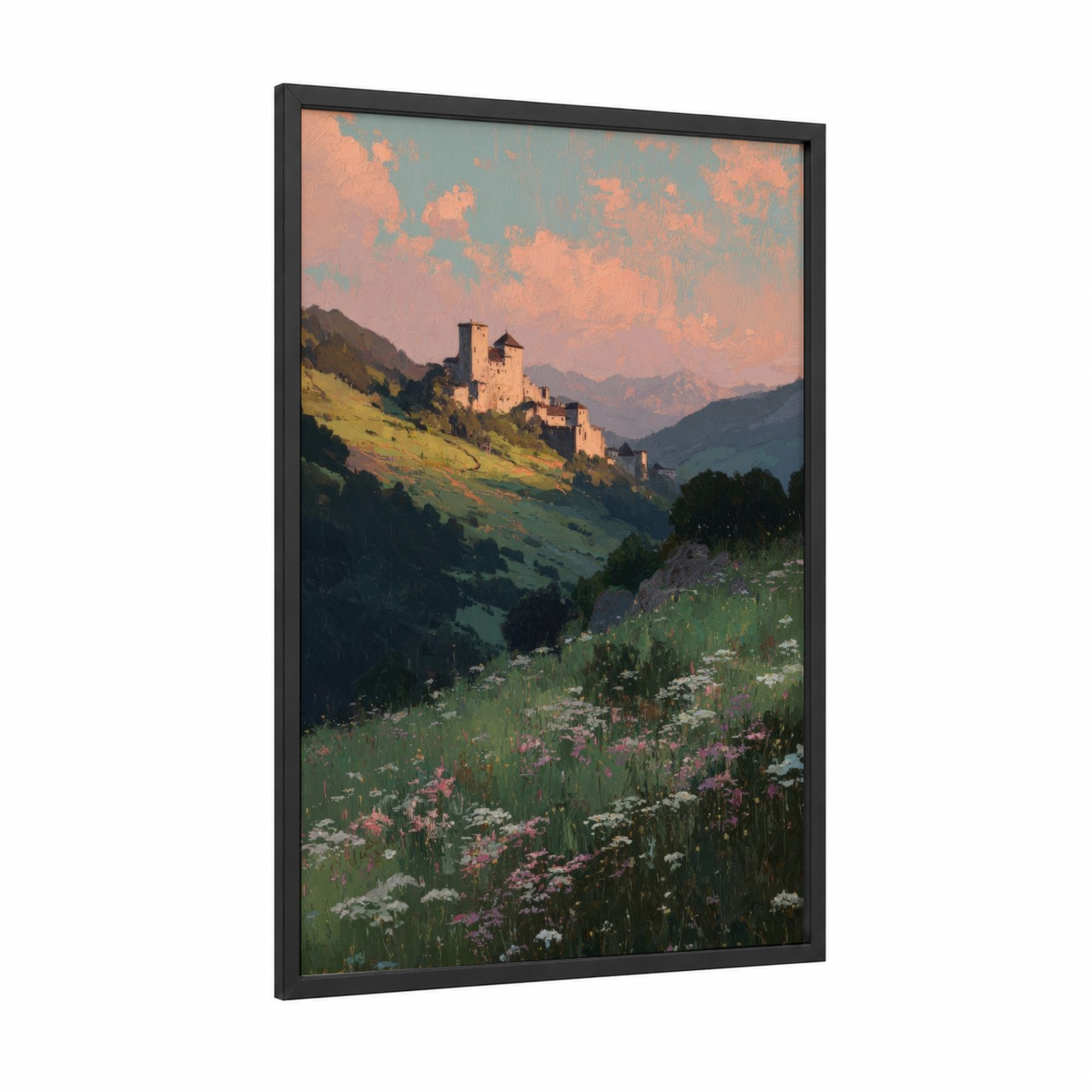 Alpine Castle Sunset framed art print — black wood frame — peach and light green palette