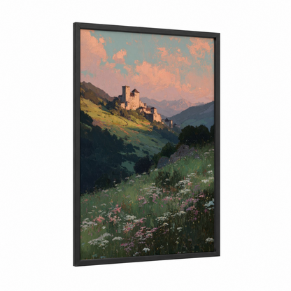 Alpine Castle Sunset framed art print — black wood frame — peach and light green palette