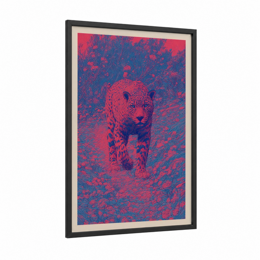 Neon Jaguar framed art print — black wood frame — magenta and royal blue palette