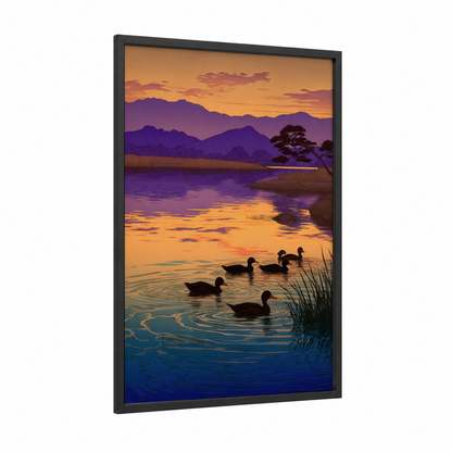 Golden Hour Ducks framed art print — black wood frame — orange and purple palette