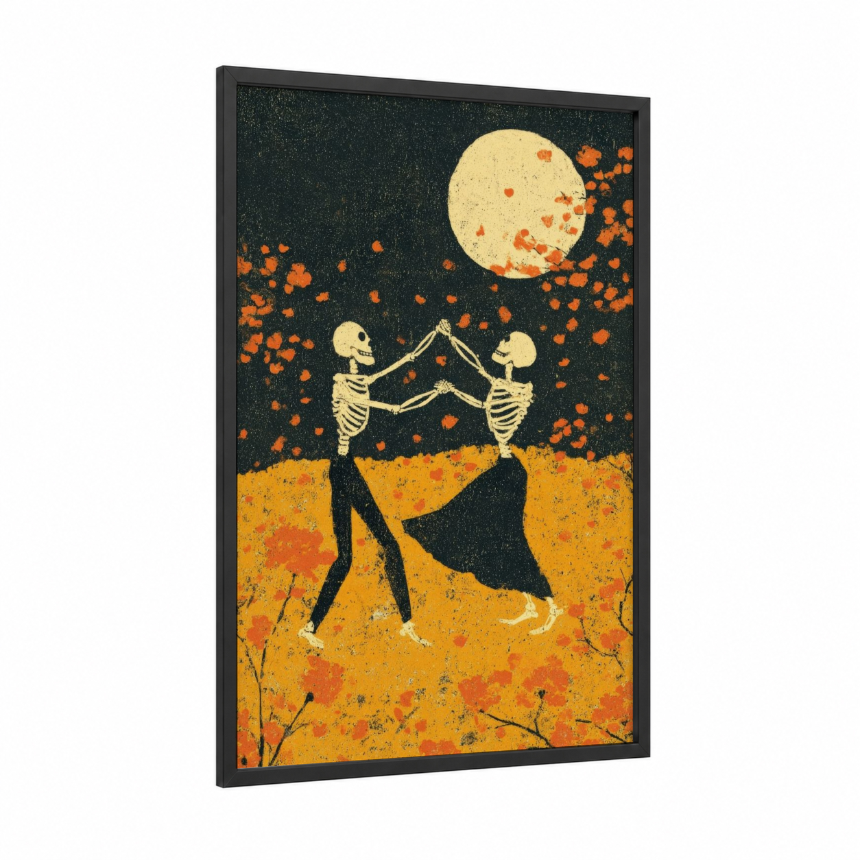 Skeleton Dance framed dia de los muertos print — black wood frame — orange and cream palette