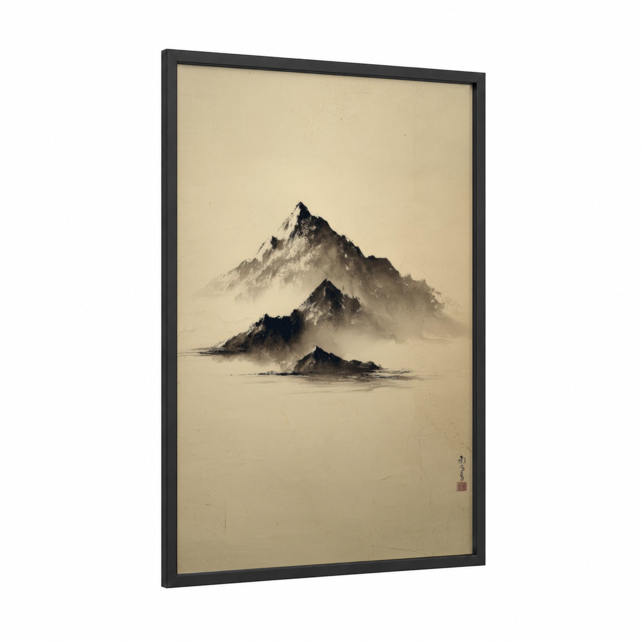Misty Mountain Peaks framed abstract minimalist print — black wood frame — black and beige palette