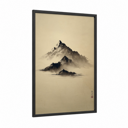 Misty Mountain Peaks framed abstract minimalist print — black wood frame — black and beige palette