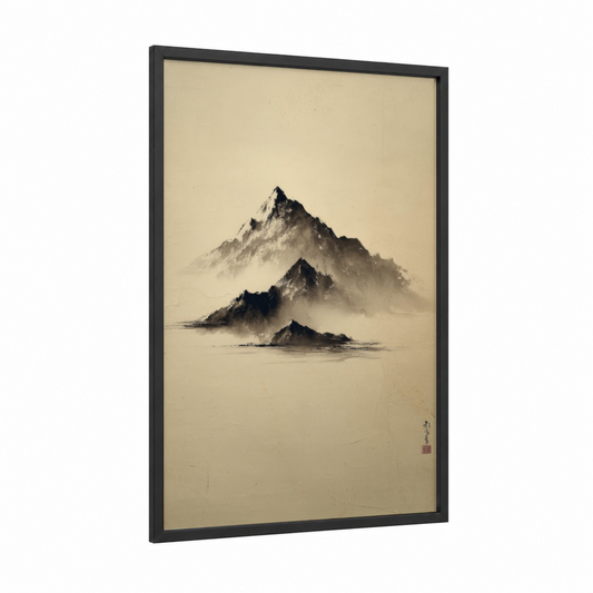 Misty Mountain Peaks framed abstract minimalist print — black wood frame — black and beige palette