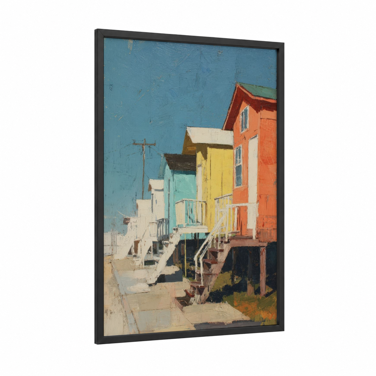 Seaside Summer Cottages framed art print — black wood frame — blue and orange palette