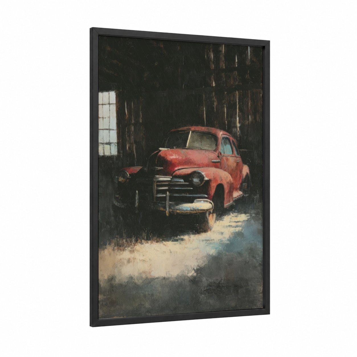 Rustic Garage Classic framed classic car print — black wood frame — russet and gray palette