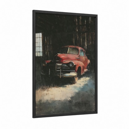 Rustic Garage Classic framed classic car print — black wood frame — russet and gray palette