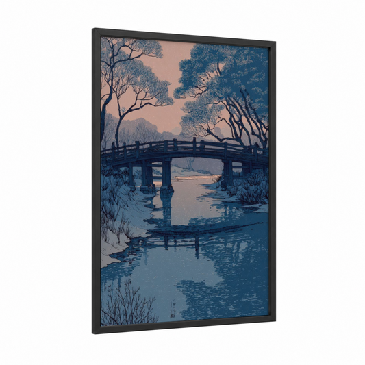 Snowy Bridge Crossing framed winter print — black wood frame — blue and peach palette