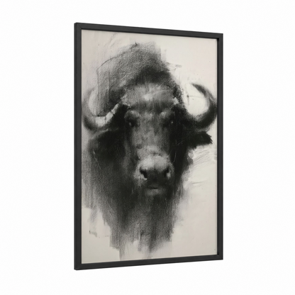 Charcoal Bison Portrait framed art print — black wood frame — black and white and gray palette