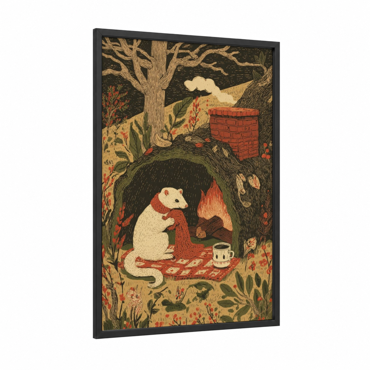 Cozy Weasel framed art print — black wood frame — cream and dark green palette