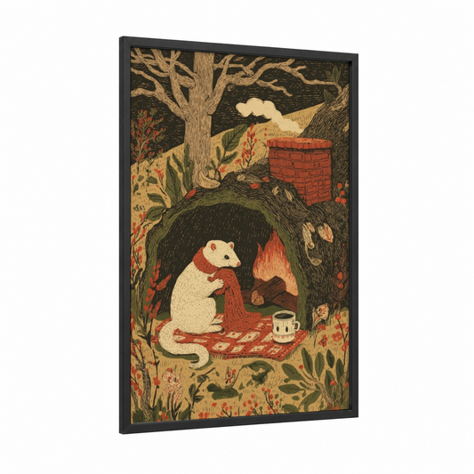 Cozy Weasel framed art print — black wood frame — cream and dark green palette