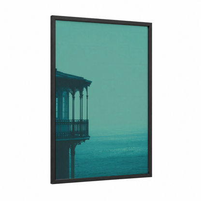 Turquoise Lighthouse framed art print — black wood frame — turquoise and teal palette