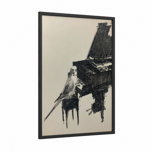 Budgerigar Pianist framed budgeridar print — black wood frame — black and white and cream palette