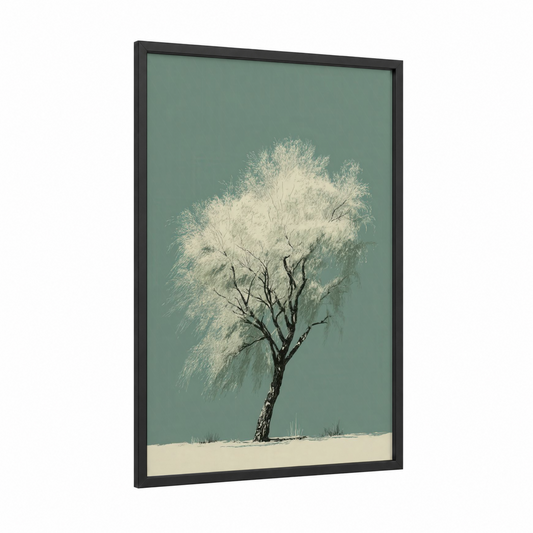 Windswept Willow framed willow tree print — black wood frame — bermuda gray and cream palette