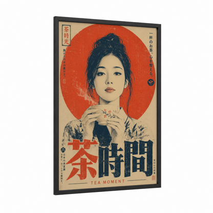 Japanese Tea Moment Wall Art framed art print — black wood frame — red and cream palette