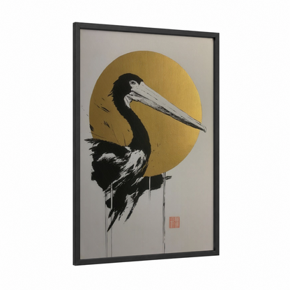 Golden Pelican framed art print — black wood frame — gold and black and white palette
