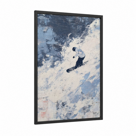 Alpine Snowboarder framed snowboarding print — black wood frame — blue and white and dark blue palette