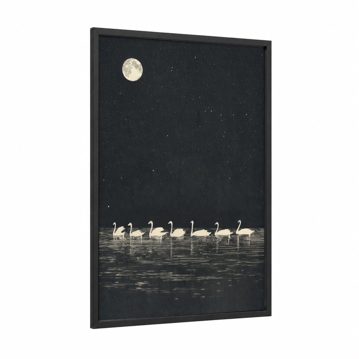 Moonlit Swan Procession framed art print — black wood frame — black and white and gray palette