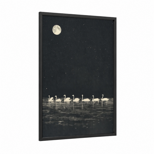 Moonlit Swan Procession framed art print — black wood frame — black and white and gray palette