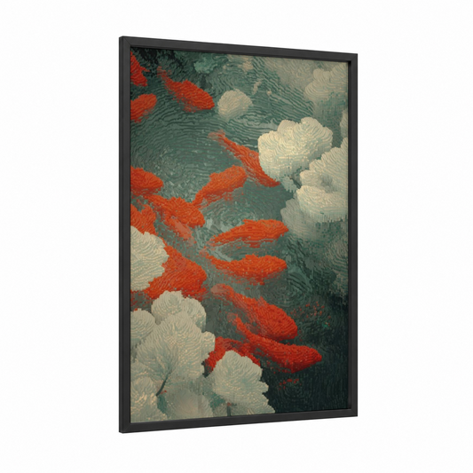 Crimson Koi Beadwork framed art print — black wood frame — dark green and red palette