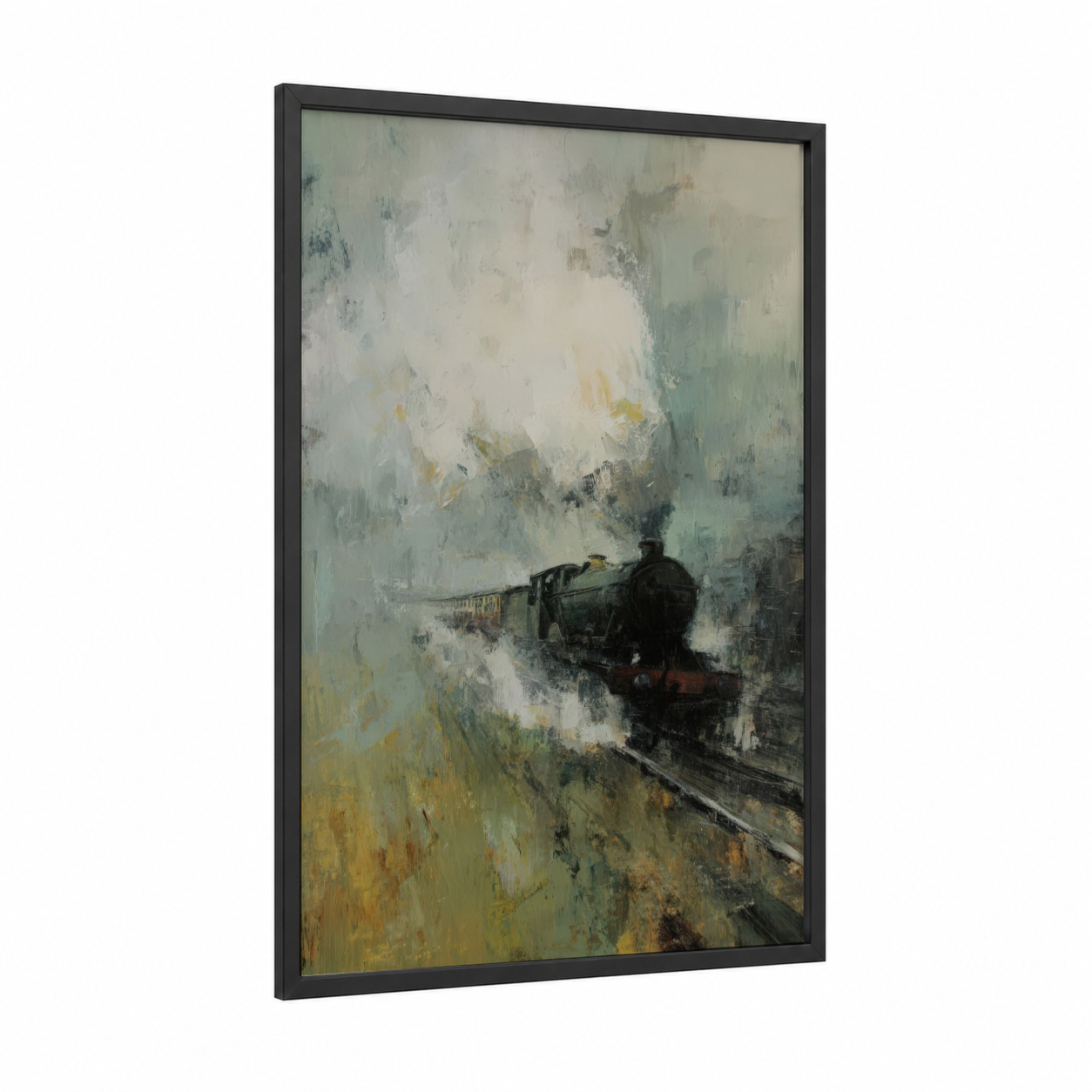 Misty Steam Engine framed train print — black wood frame — gray and cream palette