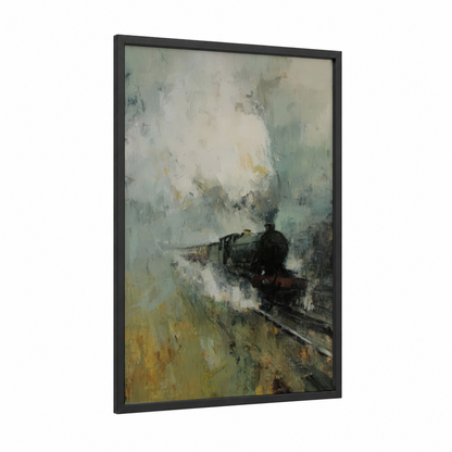 Misty Steam Engine framed train print — black wood frame — gray and cream palette